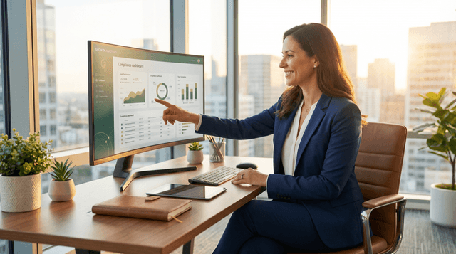 Financial advisor confidently reviewing compliance dashboard